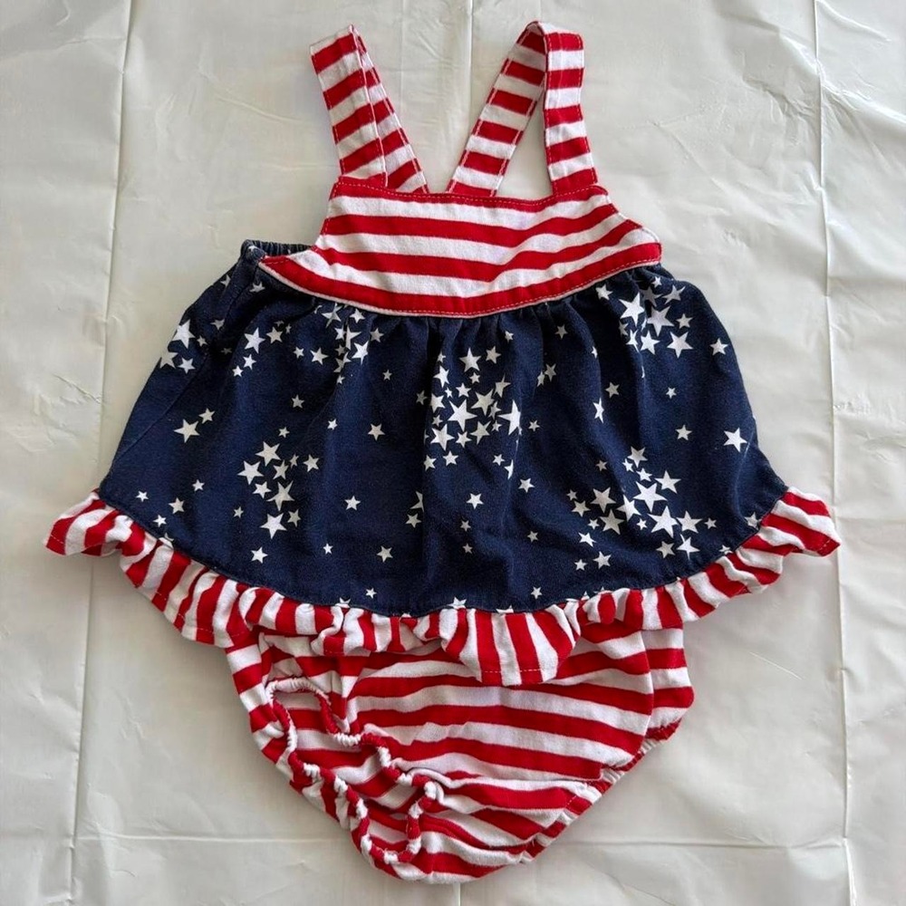 Patriotic Fourth of July Baby Girl Outfit Stars Stripes‎ Ruffle Set 3-6 Months